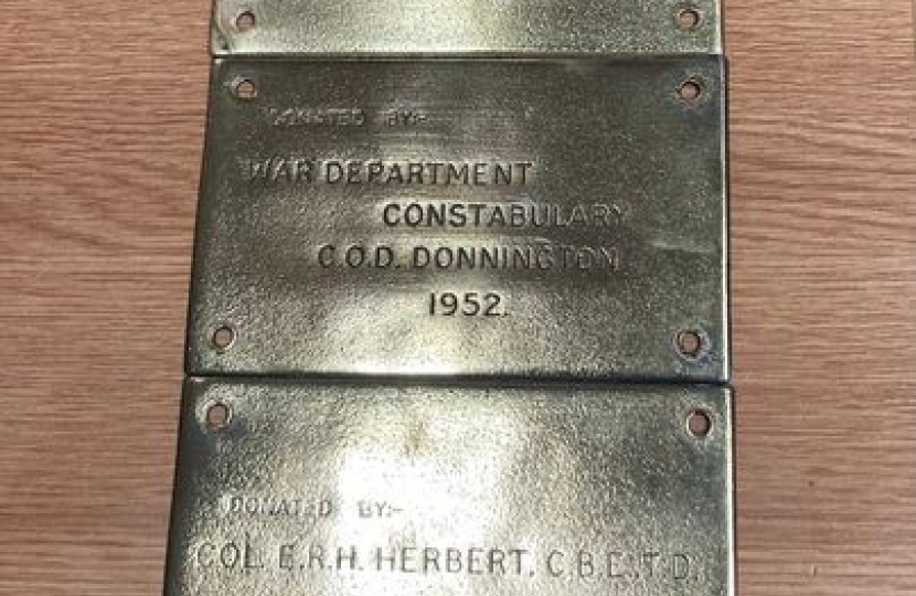 Restored brass plates from Donnington War Memorial naming the War Department Constabulary C.O.D. Donnington and Col E.R.H. Herbert