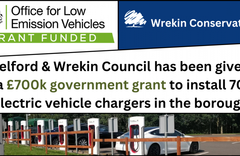 Telford & Wrekin Council has been given a £700k government grant to install 70 electric vehicle chargers in the borough